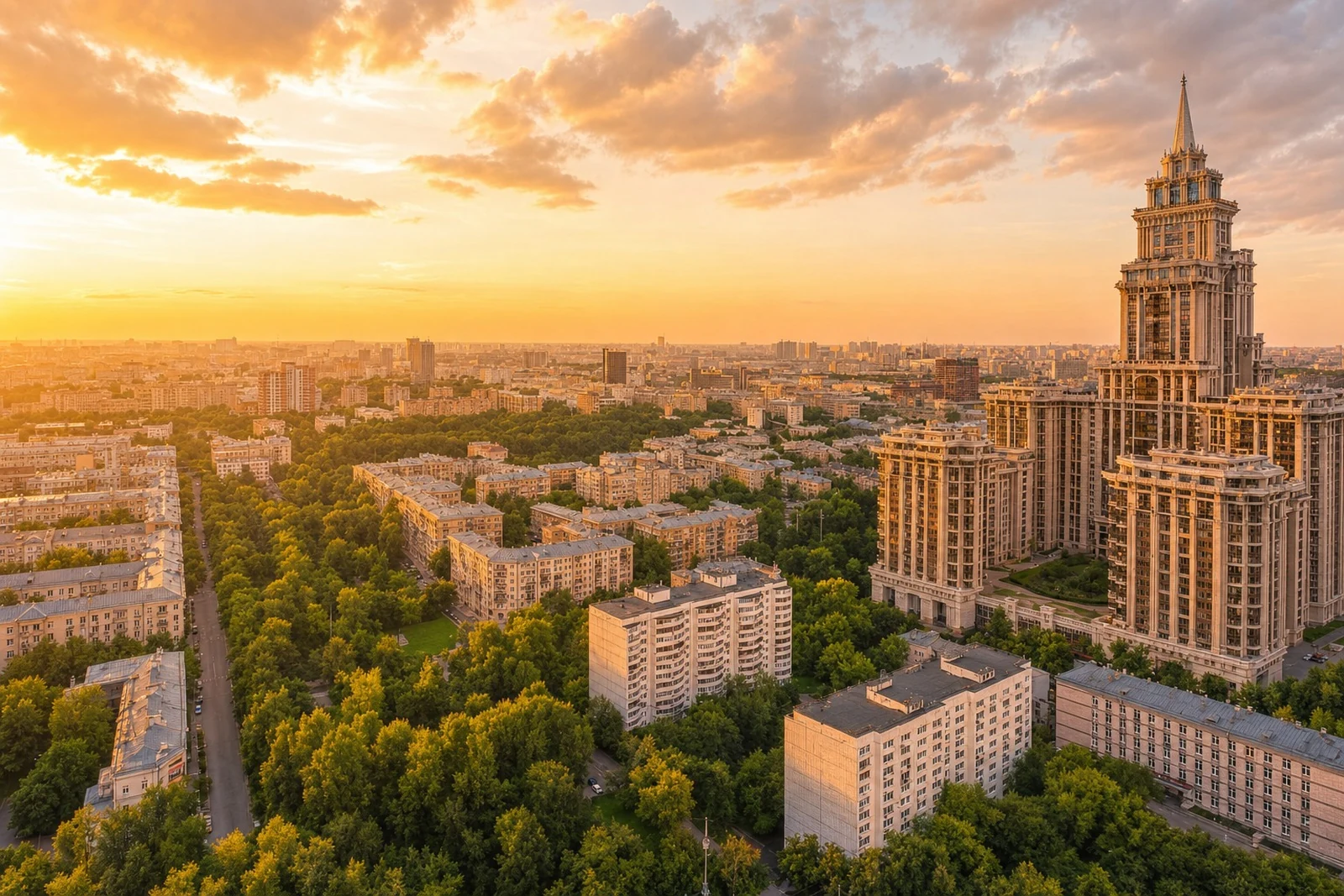 Закатная панорама Москвы с верхних этажей: Триумф-Палас и Ленинградский проспект